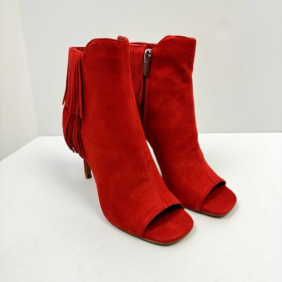 NEW Vince Camuto Amenala Bright Red Faux Suede Western Fringe Peep Toe Bootie - Picture 7 of 14